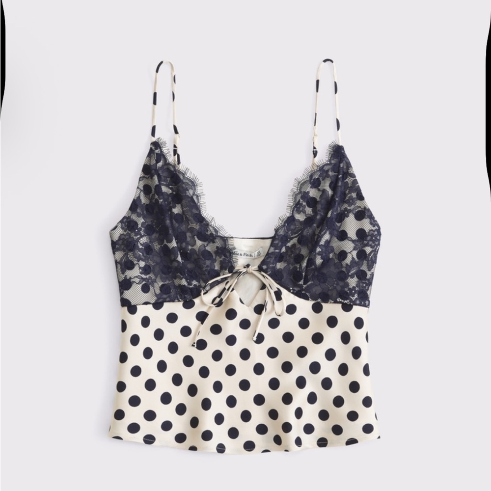 Abercrombie & Fitch Cream and Black Polka Dot Lace Trim Cami